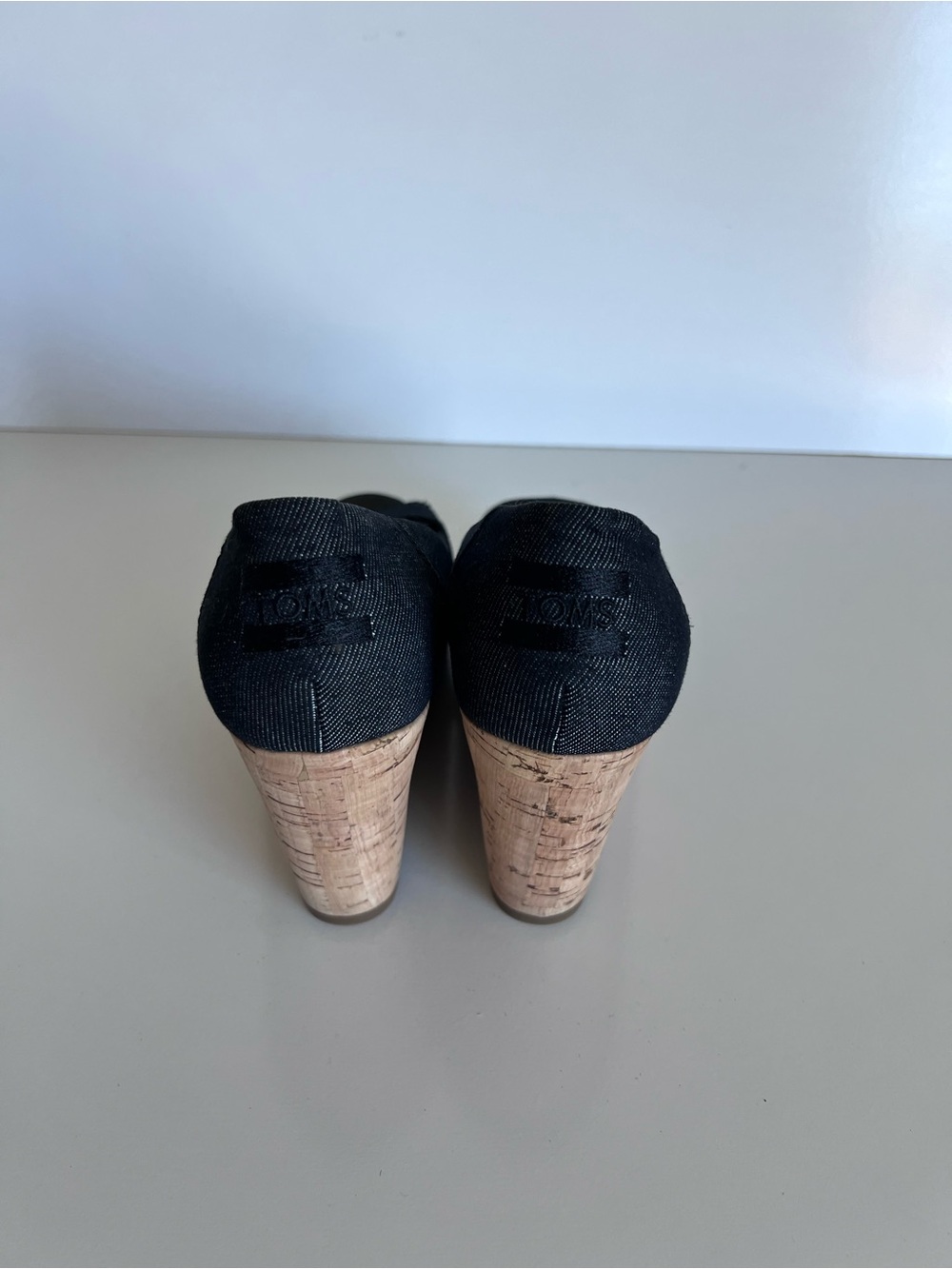 Toms Women's Stella Peep-Toe Cork Wedges Black Denim - Picture 3 of 8